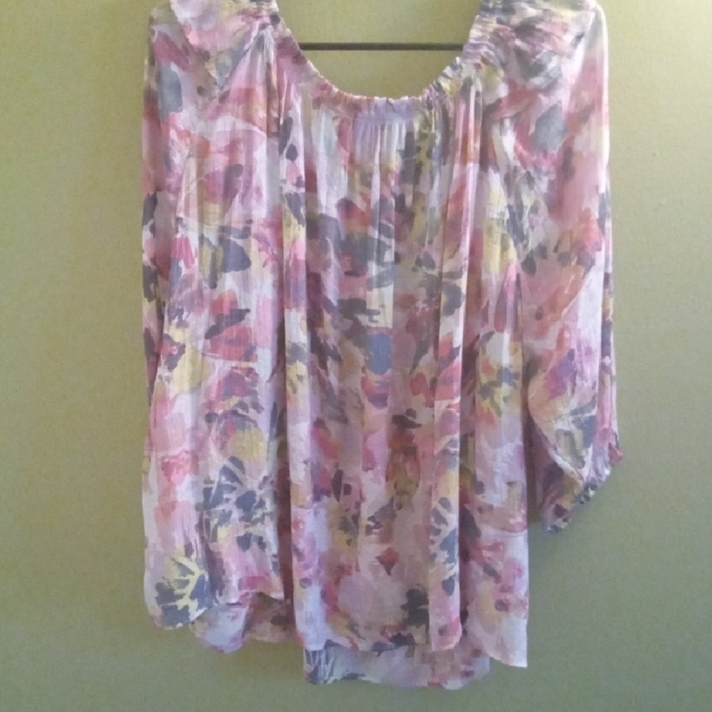 Womans 1X Zac & Rachel Pink and Purple Ruffled 3/4 Sleeve Blouse - Picture 5 of 6